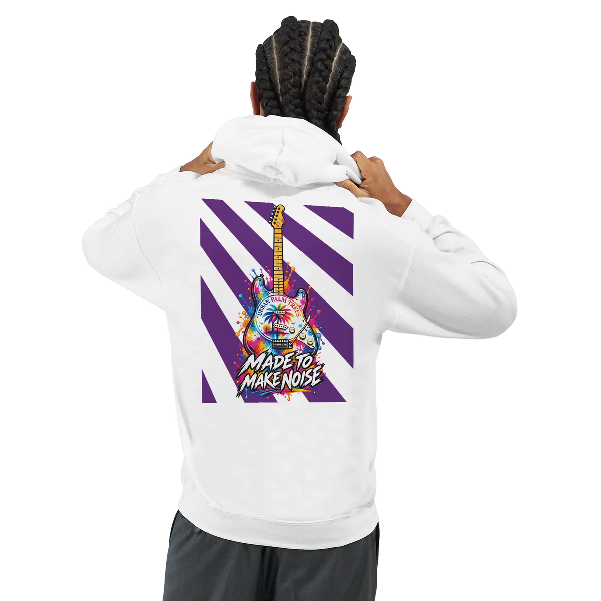White hoodie featuring a colorful electric guitar back print with purple stripes and "Made To Make Noise" text on the rear.