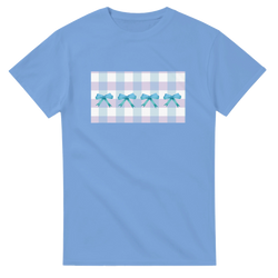 Cute blue bow gingham tee for women, Coquette aesthetic, pastel checkered panel with teal bows.
