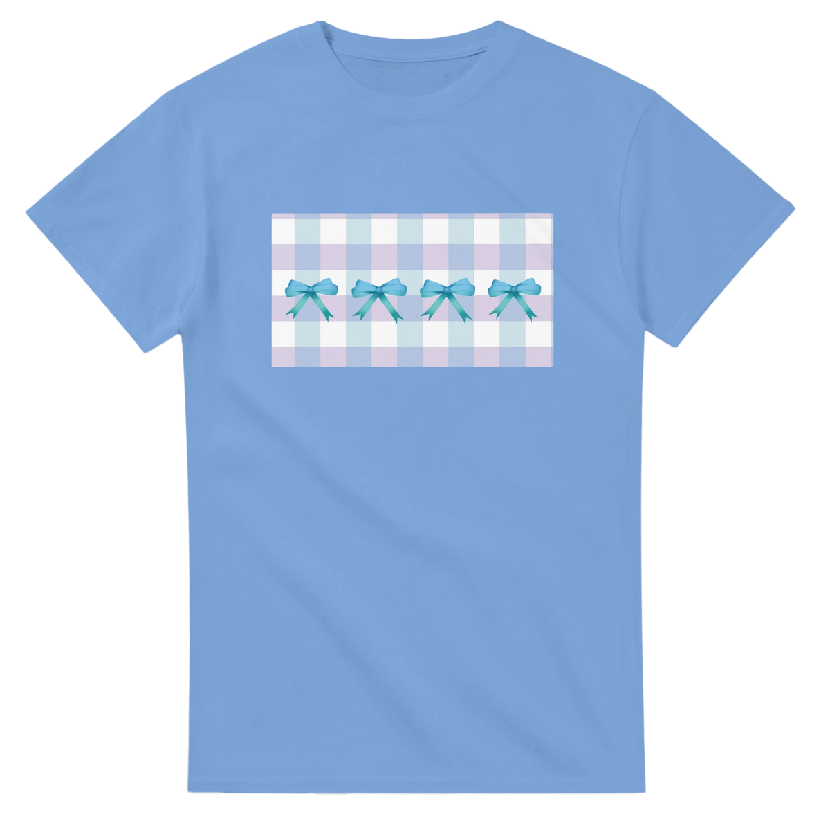 Cute blue bow gingham tee for women, Coquette aesthetic, pastel checkered panel with teal bows.