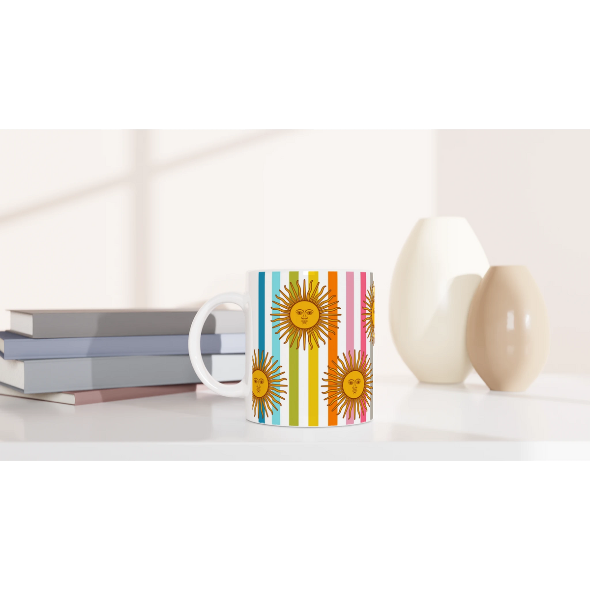 Retro Rainbow Sun Mug with sun motif and colorful stripes, a cute boho coffee cup for home or office.