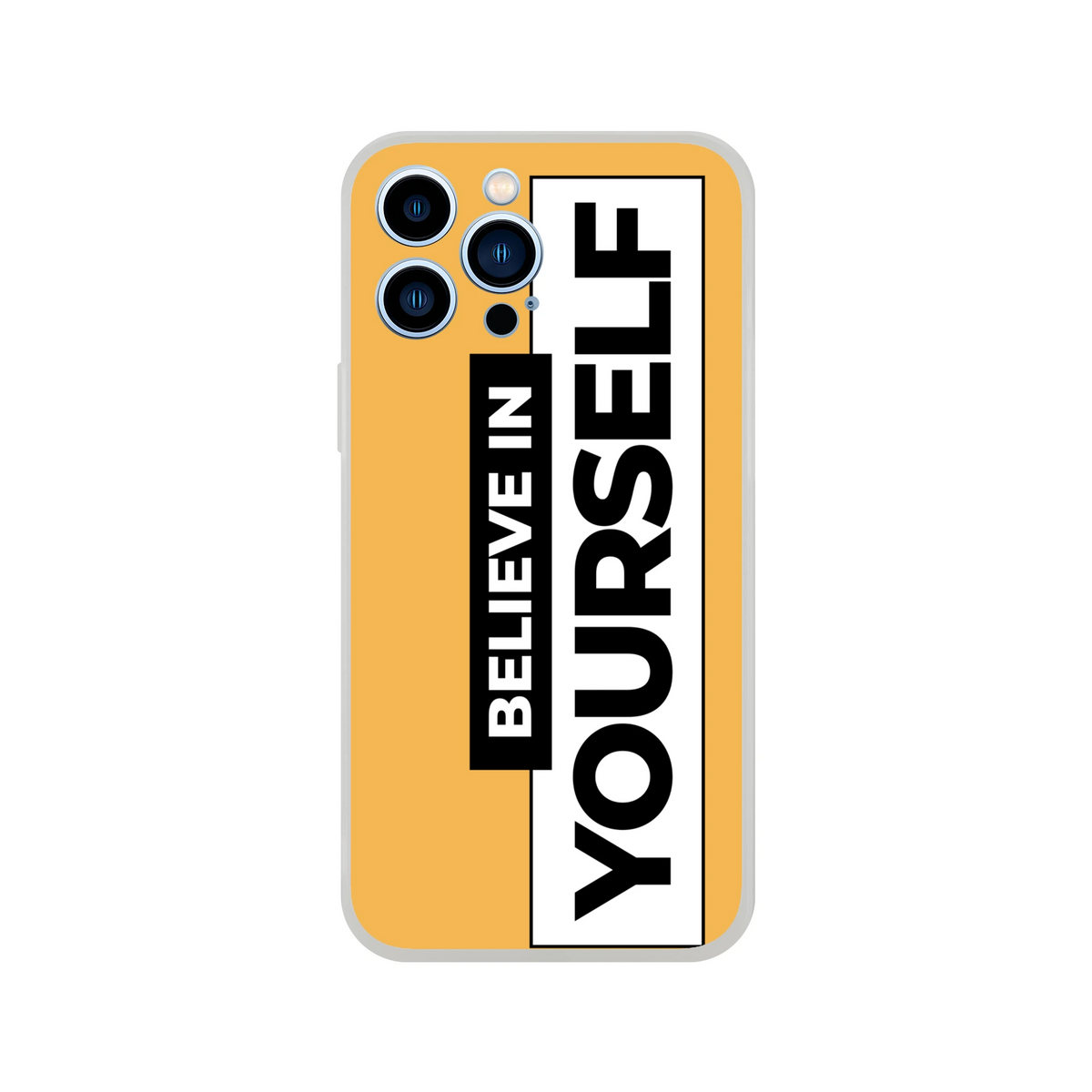 Cute Believe In Yourself slogan iPhone case for iPhone 13-16 with orange back and bold vertical text