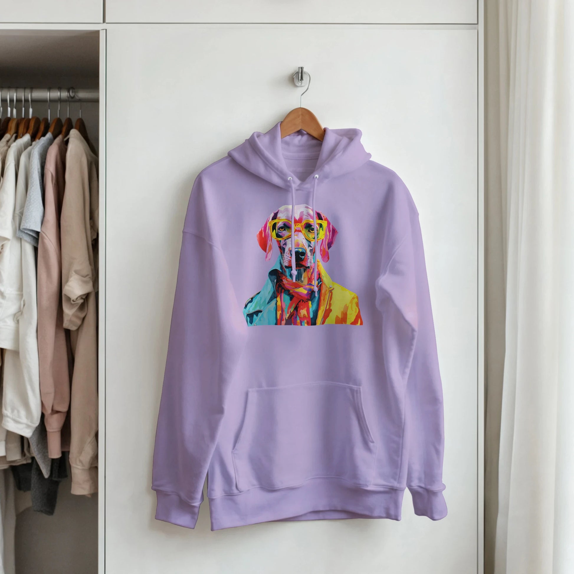 Lavender Gent Dog Jumper hoodie with vibrant dog wearing glasses graphic, front pocket, soft cotton blend.