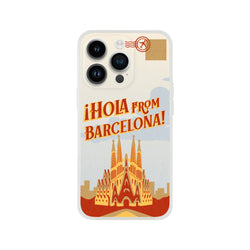 Vintage postcard-style iPhone case with Barcelona travel poster, Hola from Barcelona.