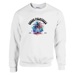 Pastel palm trees graphic on white sweatshirt with curved Urban Palm Trees text