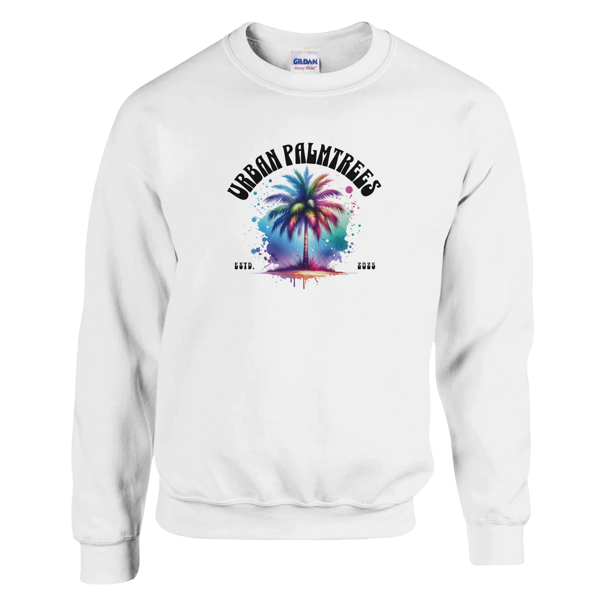 Pastel palm trees graphic on white sweatshirt with curved Urban Palm Trees text