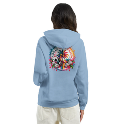 Light blue women's hoodie featuring a retro tropical back print with an 8-ball, dice, palm tree, and colorful paint splatters.