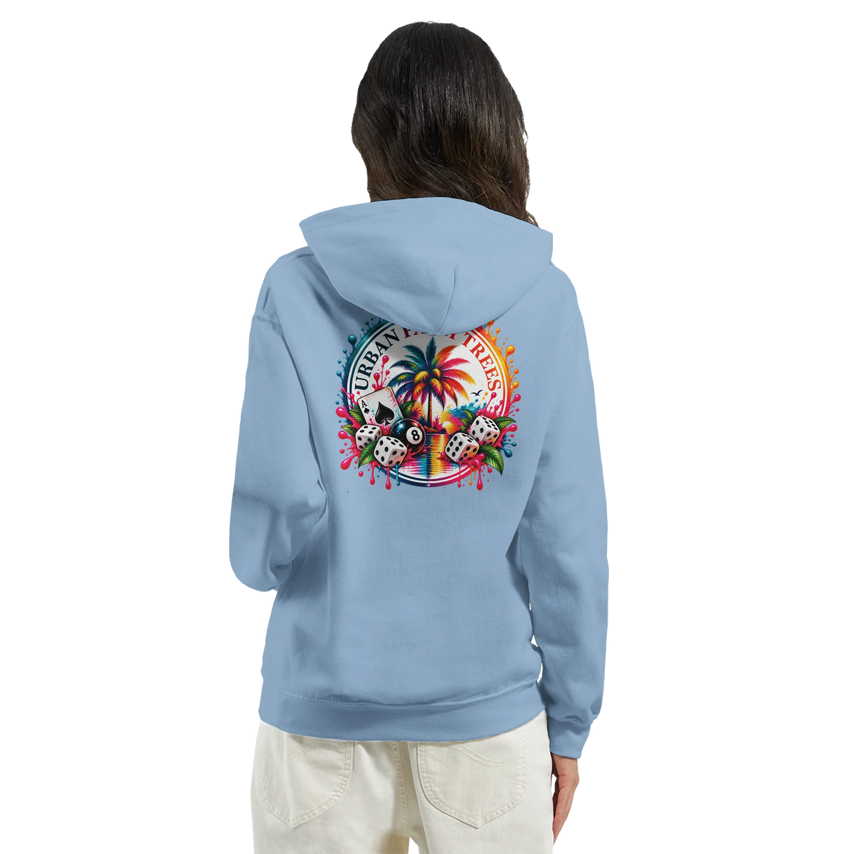 Light blue women's hoodie featuring a retro tropical back print with an 8-ball, dice, palm tree, and colorful paint splatters.