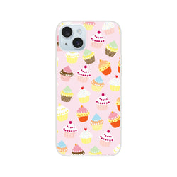 Pastel cupcake-pattern iPhone case for 13-16 with kawaii sweet-treat design on pink background