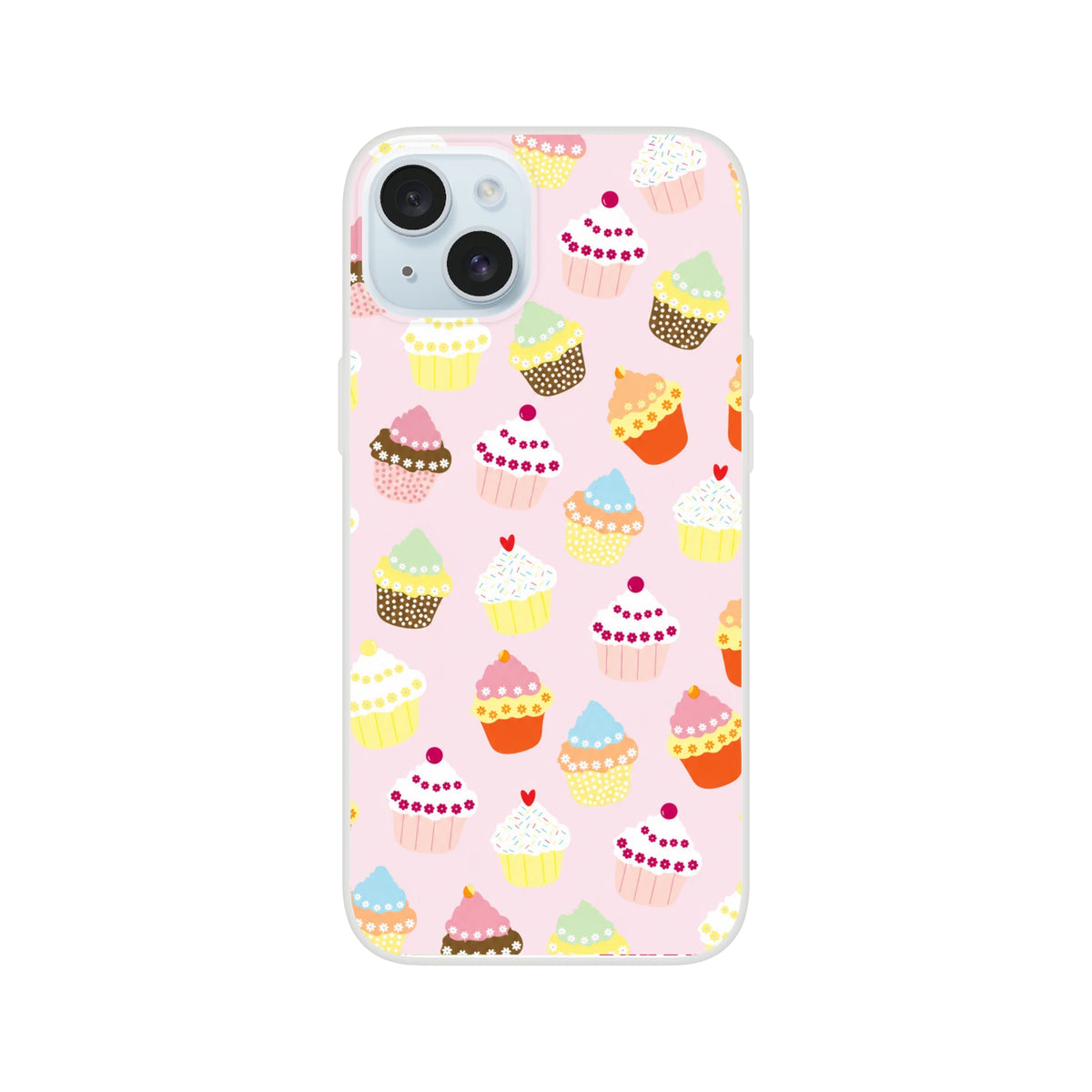 Pastel cupcake-pattern iPhone case for 13-16 with kawaii sweet-treat design on pink background