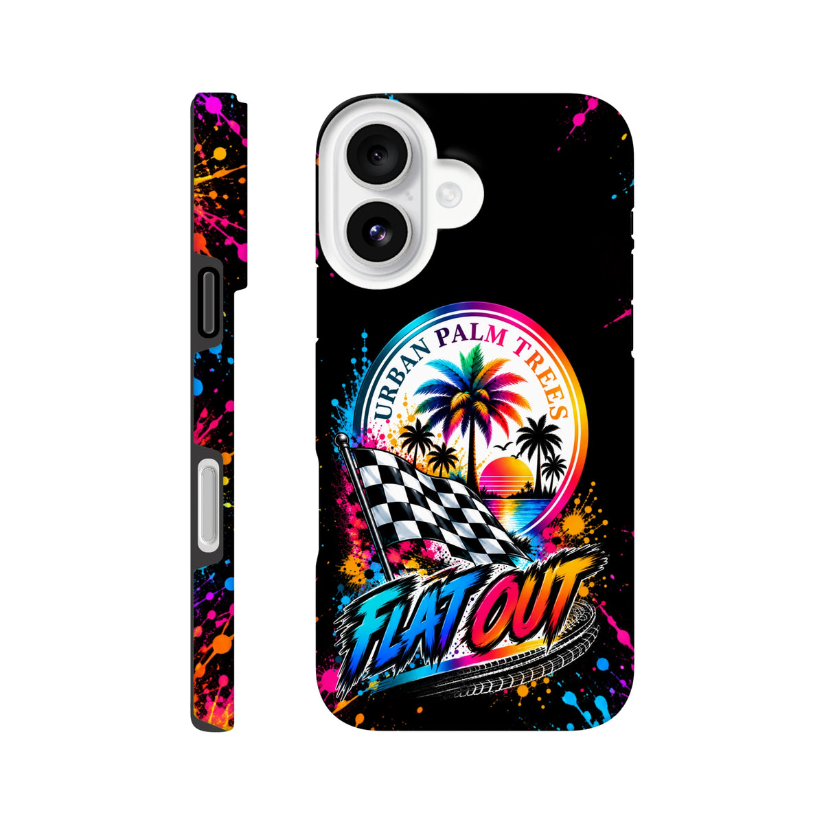 Tough iPhone case with Urban Palm Trees logo, checkered flag, and colorful paint splatters on black. Wraparound print for modified car culture.