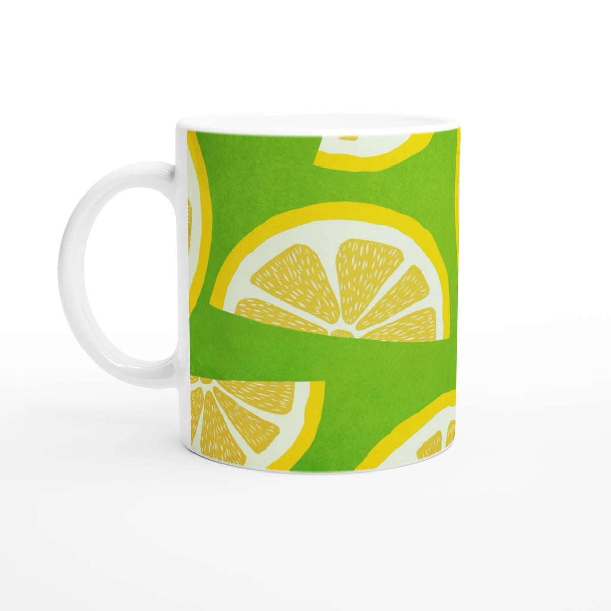 Ceramic mug with lime-green background and bright yellow lemon slices, white handle.