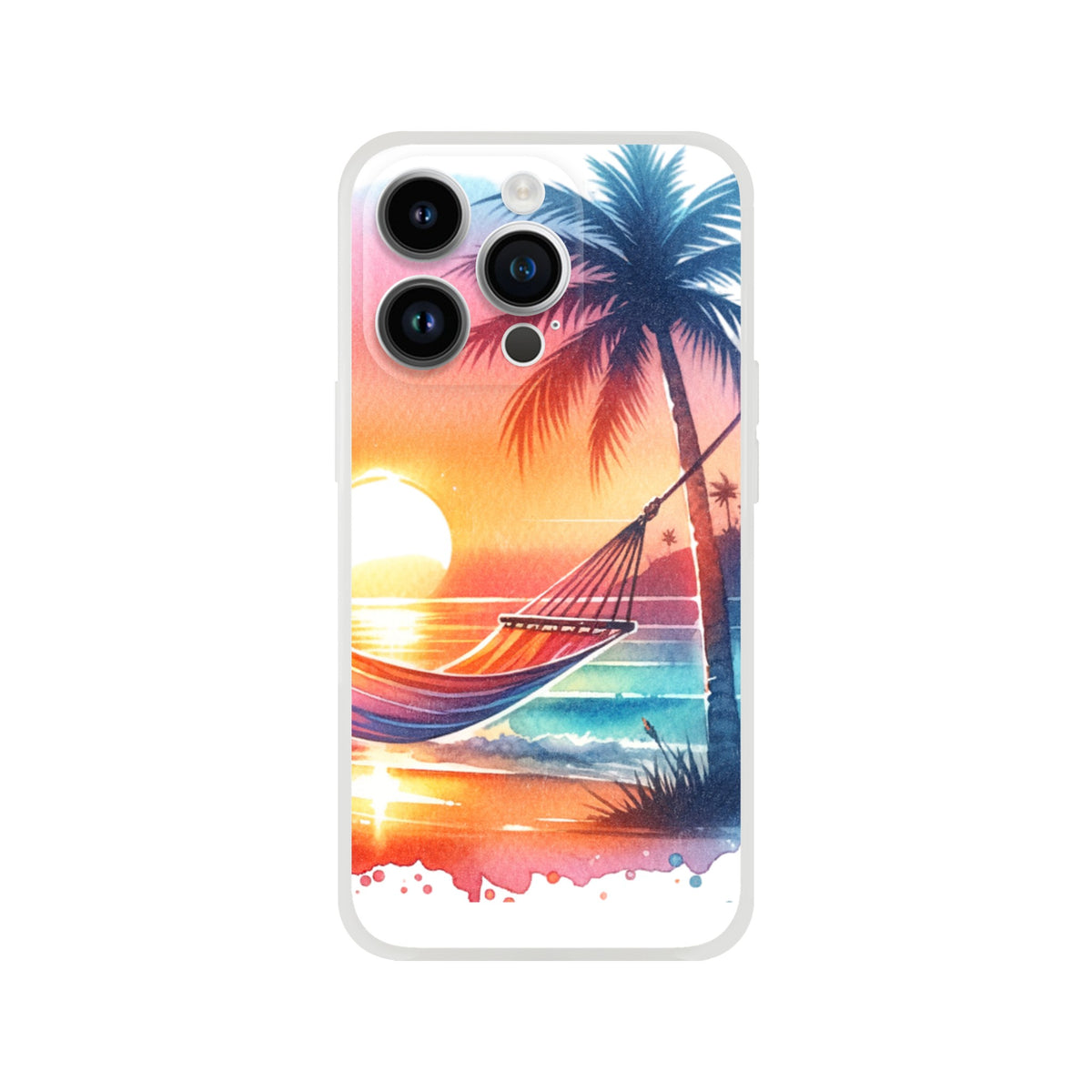 Slim protective iPhone case featuring a tropical beach sunset with a hammock, palm trees and colorful sea hues.