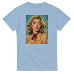 Vintage Pin-Up Graphic T-Shirt for Men featuring a retro blonde pin-up illustration on light-blue fabric.