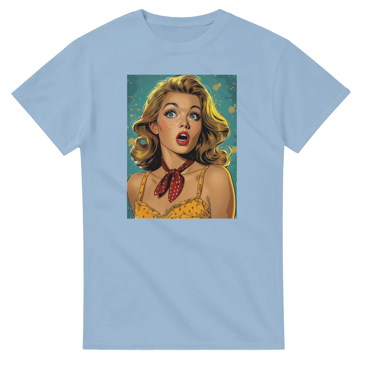 Vintage Pin-Up Graphic T-Shirt for Men featuring a retro blonde pin-up illustration on light-blue fabric.
