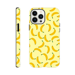 Playful yellow banana pattern tough iPhone case. Cute fruit phone cover with wraparound design for secure daily carry.