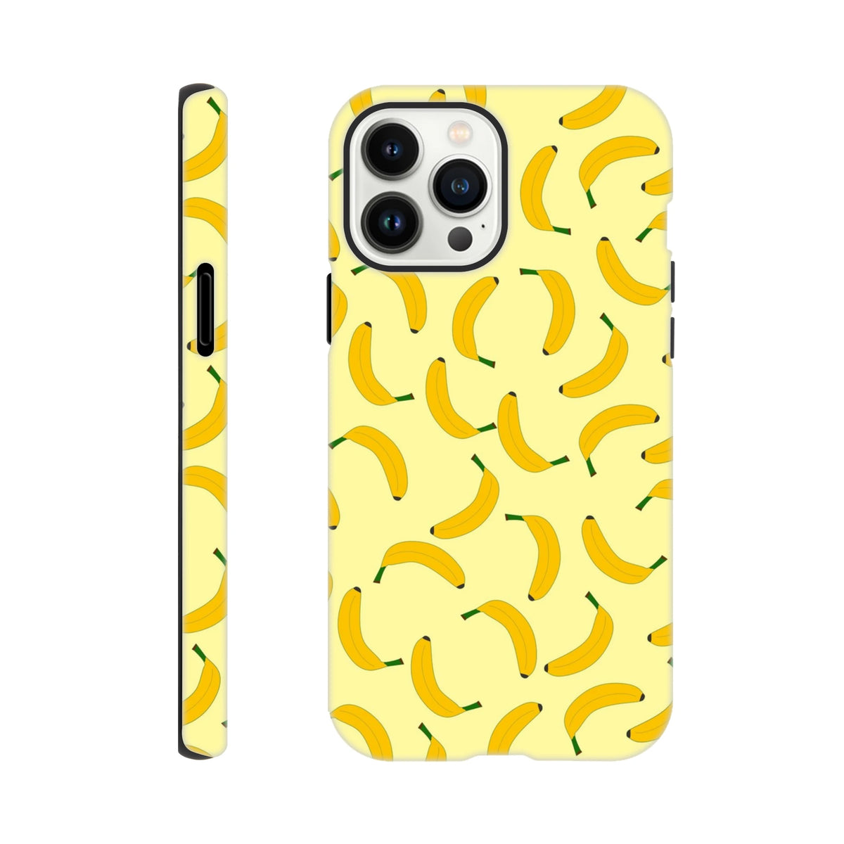 Playful yellow banana pattern tough iPhone case. Cute fruit phone cover with wraparound design for secure daily carry.
