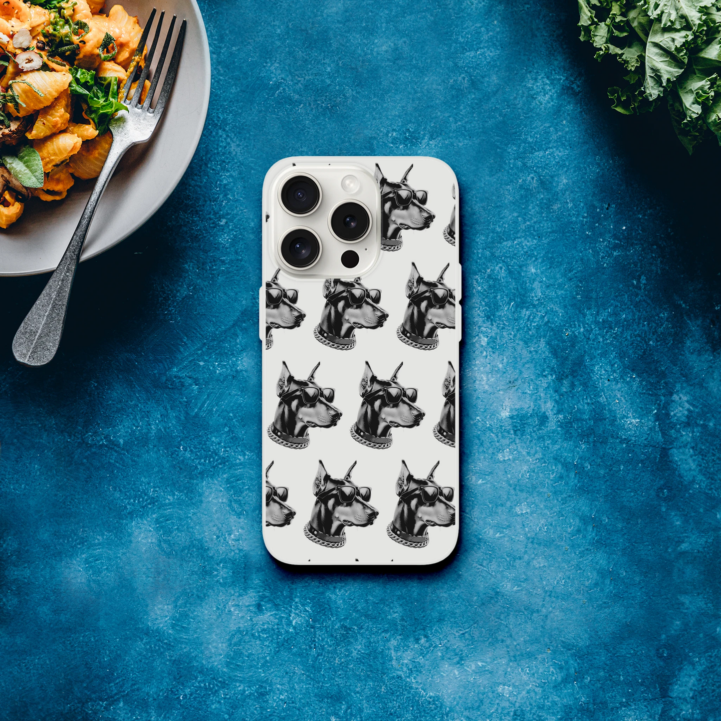 Transparent iPhone case featuring a repeating gangster Doberman dog pattern wearing sunglasses for iPhone 13-16.