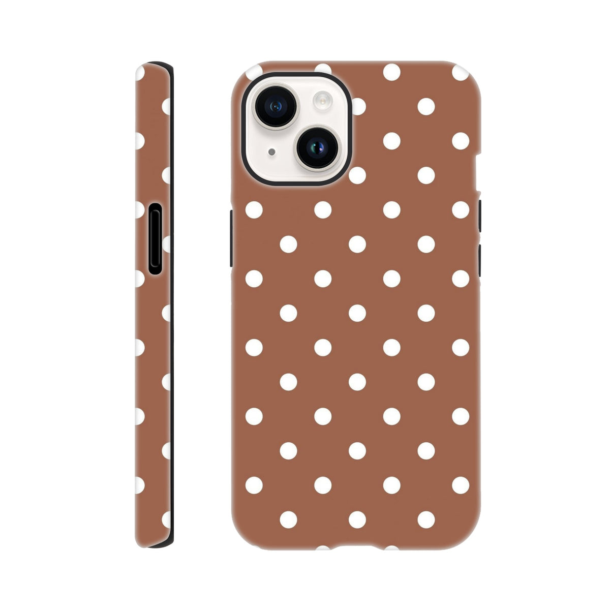 Retro brown and white polka dot tough iPhone case. Dual-layer shock-absorbing TPU phone cover for iPhone 13-16 Pro Max.