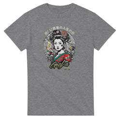 Geisha girl Japanese graphic tee for men with geisha portrait in a circular floral backdrop
