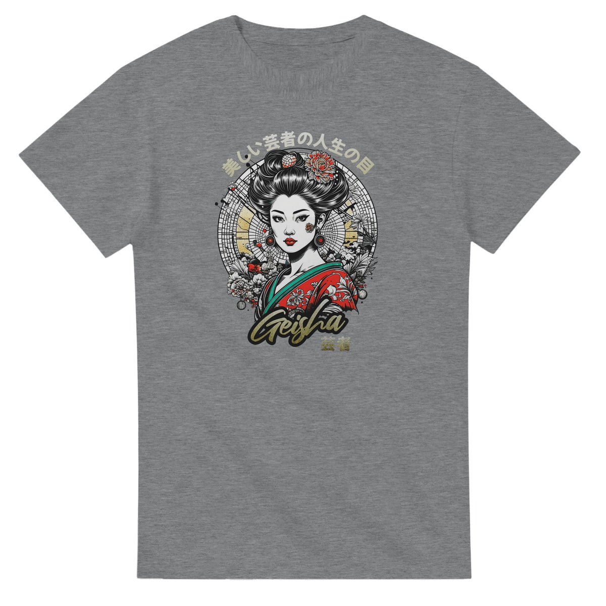 Geisha girl Japanese graphic tee for men with geisha portrait in a circular floral backdrop