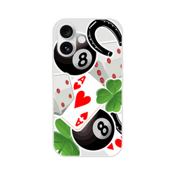 Transparent iPhone case featuring lucky charm designs including an 8-ball, Ace of Hearts, four-leaf clover, and horseshoe.