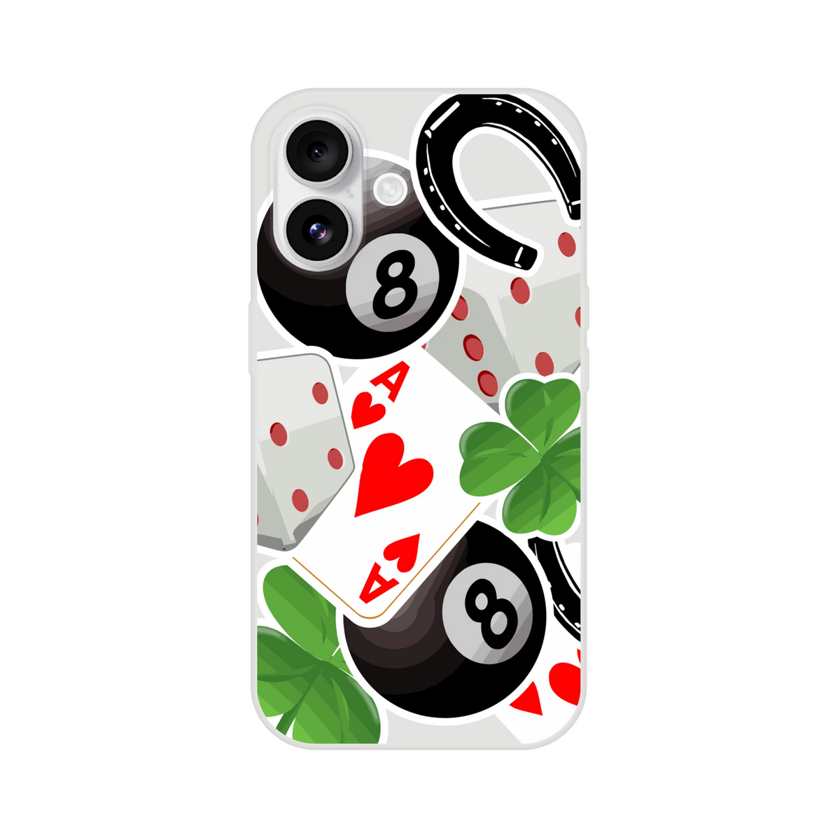 Transparent iPhone case featuring lucky charm designs including an 8-ball, Ace of Hearts, four-leaf clover, and horseshoe.