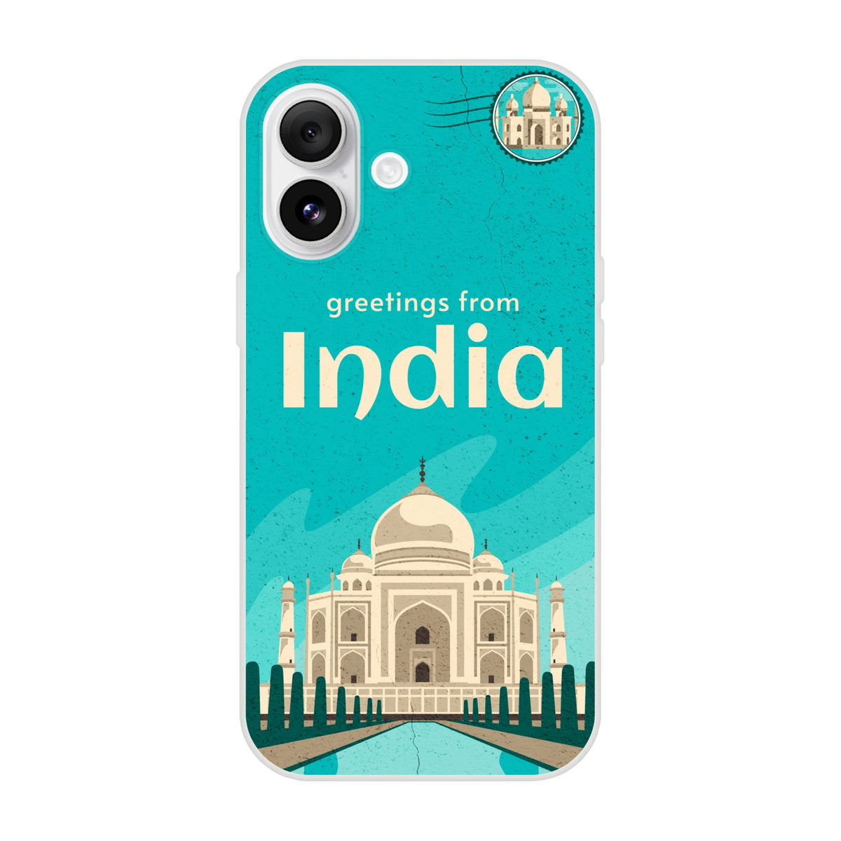 Vintage postcard iPhone case (13-16) India Holiday featuring Taj Mahal on teal background.