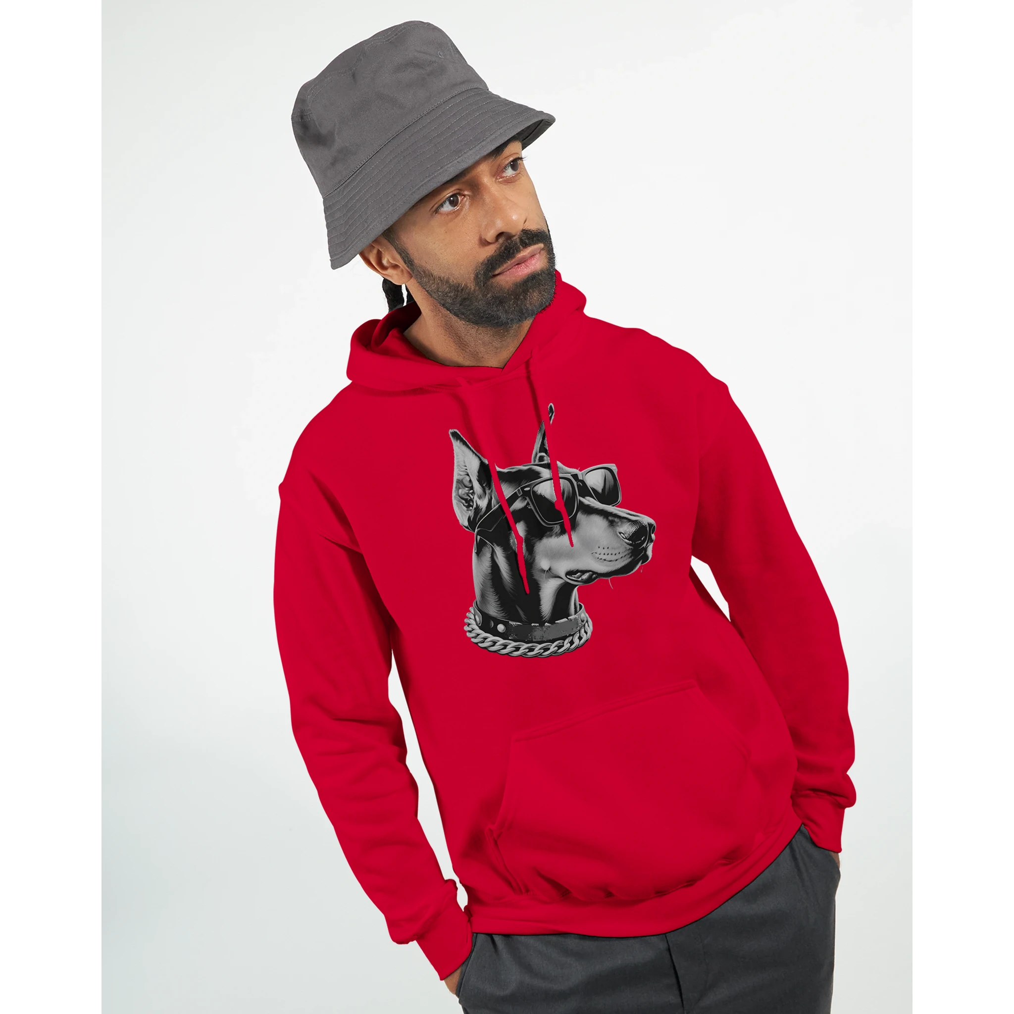 Red Gangster Dog Jumper hoodie with dog graphic wearing sunglasses and a chain necklace.