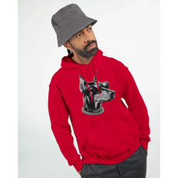 Red Gangster Dog Jumper hoodie with dog graphic wearing sunglasses and a chain necklace.