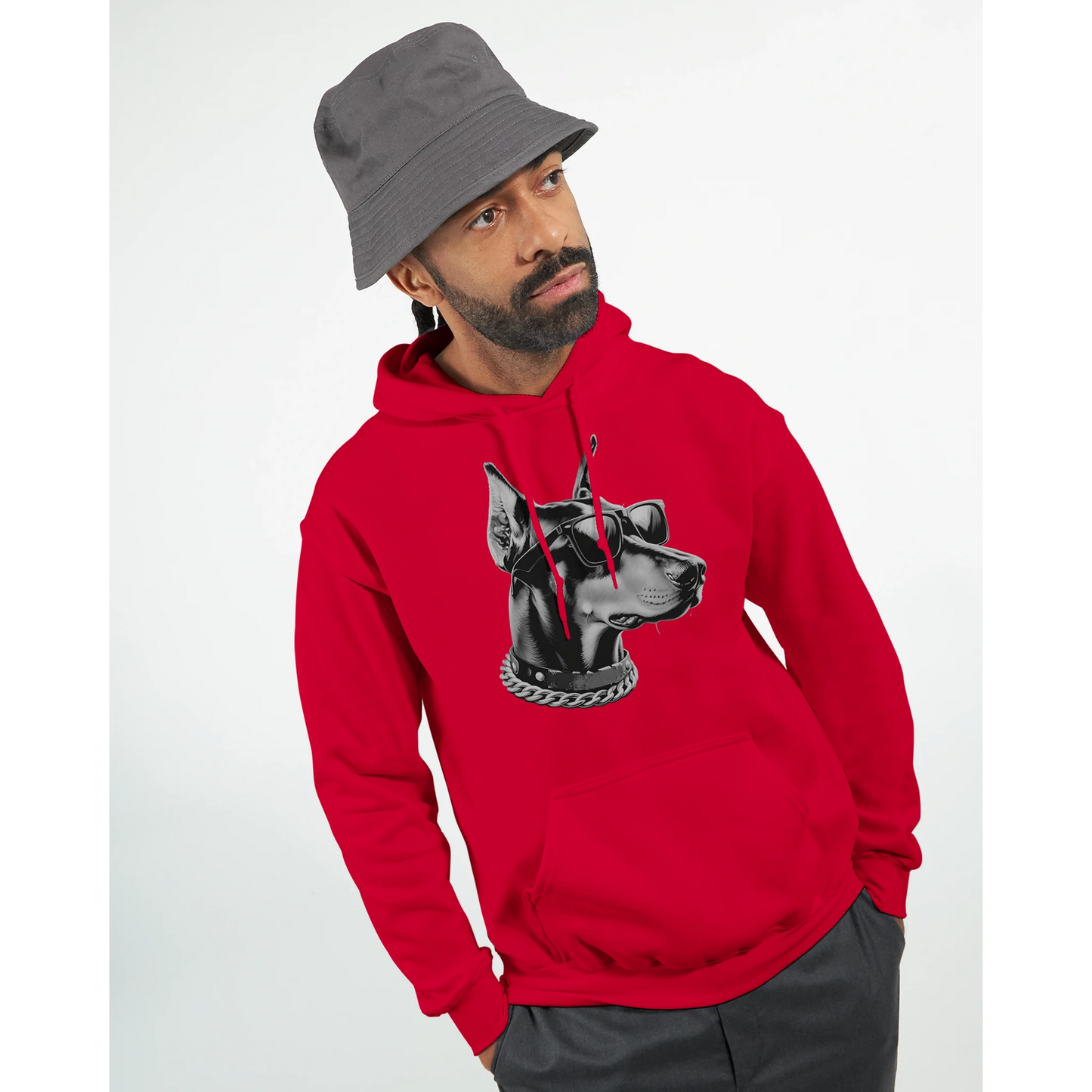 Red Gangster Dog Jumper hoodie with dog graphic wearing sunglasses and a chain necklace.