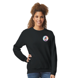 Black women's sweatshirt featuring a colorful circular urban palm trees graphic on the chest, styled with relaxed jeans for retro streetwear.