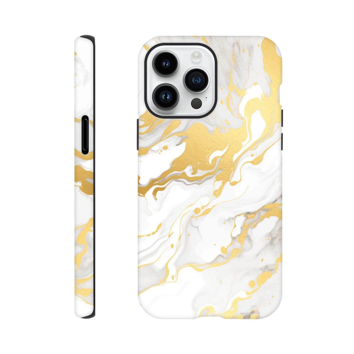 Luxury white and gold marble iPhone case featuring an abstract swirling pattern with seamless wraparound design for modern style.