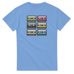 Light blue men's t-shirt featuring a grid of six retro cassette tapes in green, pink, black, yellow, beige, and blue for 80s music nostalgia.