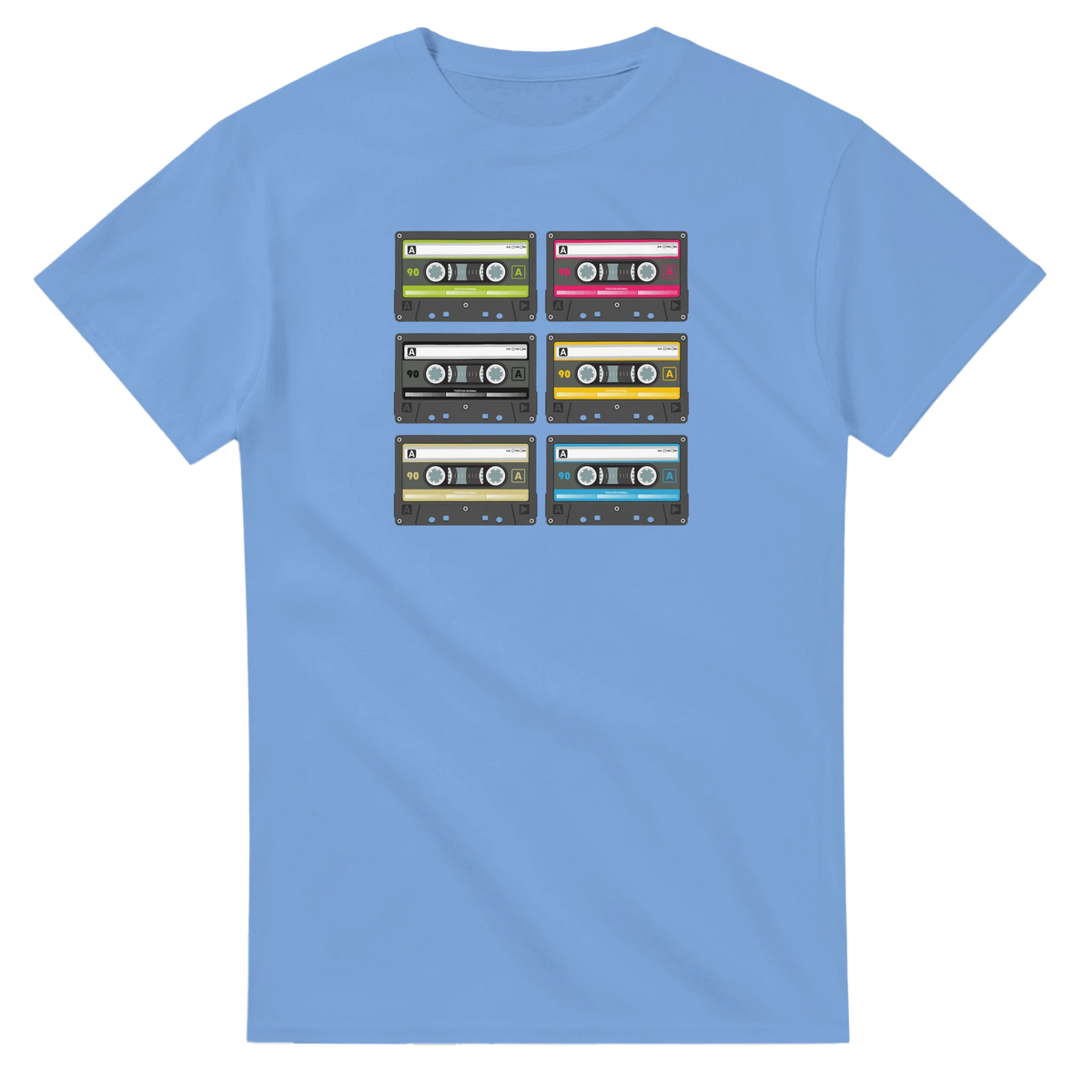 Light blue men's t-shirt featuring a grid of six retro cassette tapes in green, pink, black, yellow, beige, and blue for 80s music nostalgia.