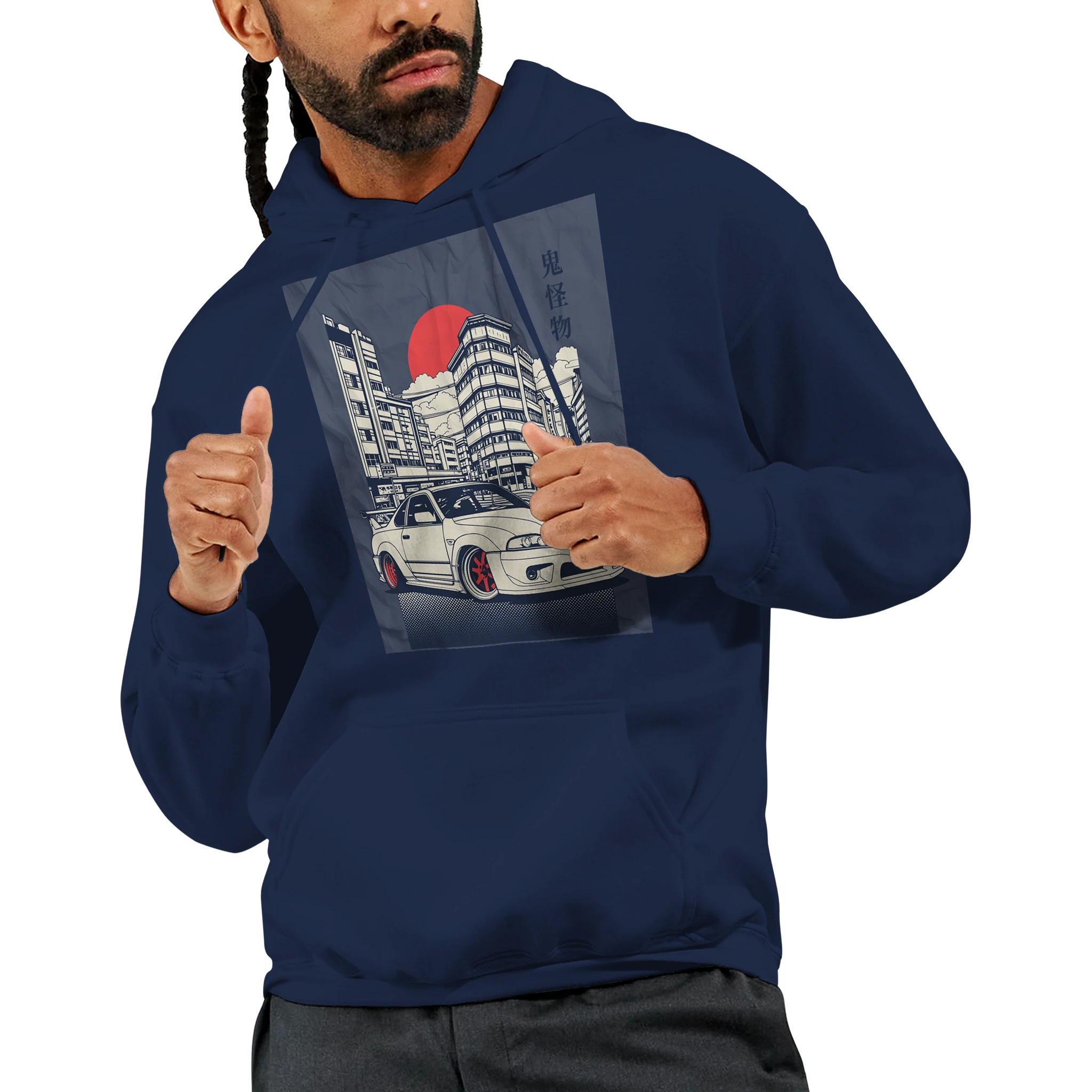Car Jumper JDM Hoodie in navy with cityscape car graphic; soft cotton-poly blend, front pouch pocket.