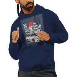 Car Jumper JDM Hoodie in navy with cityscape car graphic; soft cotton-poly blend, front pouch pocket.