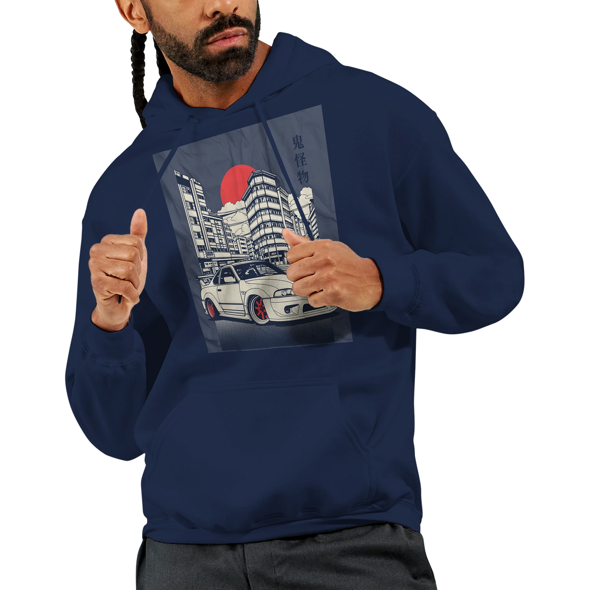Car Jumper JDM Hoodie in navy with cityscape car graphic; soft cotton-poly blend, front pouch pocket.
