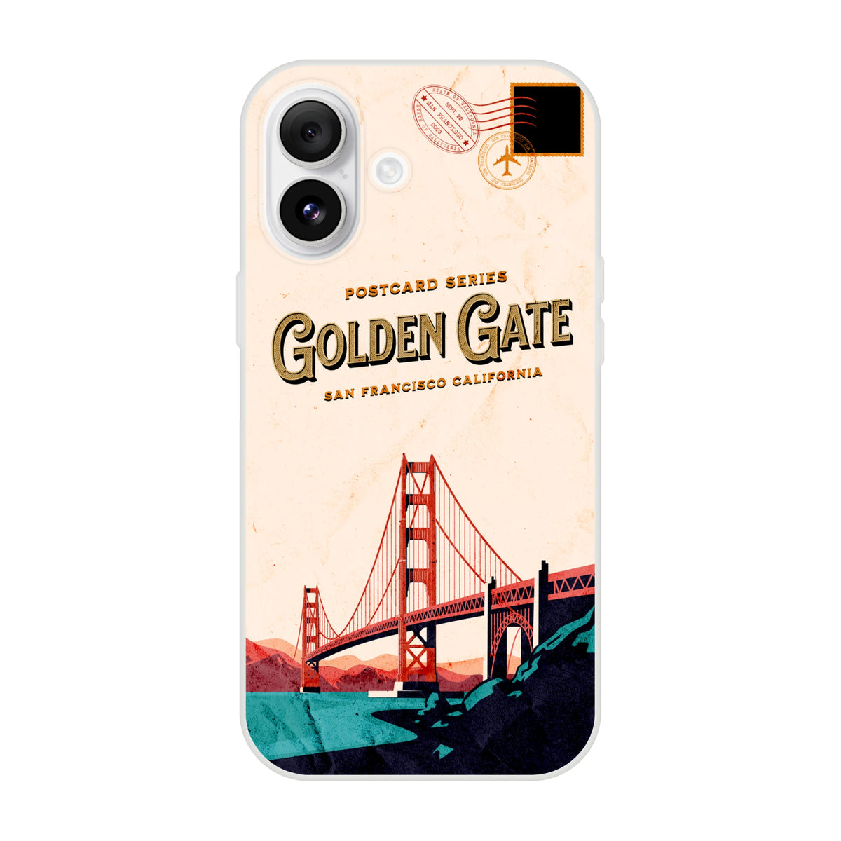 Vintage Postcard iPhone Case (13-16) USA Holiday Phone Cover with Golden Gate Bridge and San Francisco stamps.