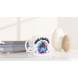 Urban Palm Trees Mug - Retro Aesthetic: white ceramic cup with colorful tropical palm design.