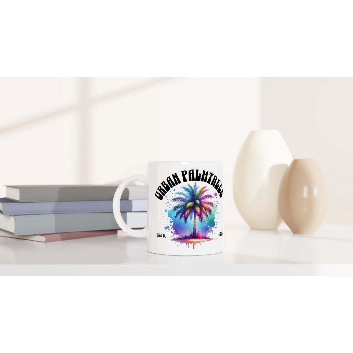 Urban Palm Trees Mug - Retro Aesthetic: white ceramic cup with colorful tropical palm design.
