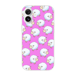 Pink matte iPhone 13-16 case with cute white sheep pattern in kawaii farm style.