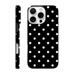 Black and white polka dot tough iPhone case with shock-absorbing TPU core and durable dual-layer frame for impact resistance.