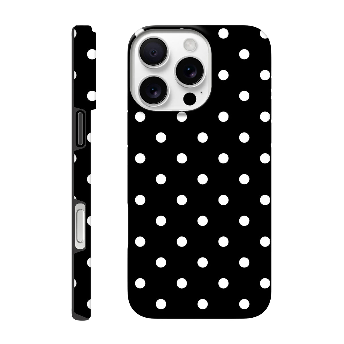 Black and white polka dot tough iPhone case with shock-absorbing TPU core and durable dual-layer frame for impact resistance.