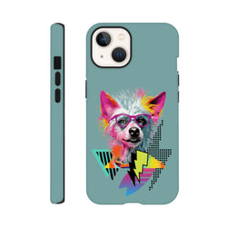 Retro pop art dog iPhone case with colorful glasses and geometric lightning bolts on teal background. Tough pet phone cover.