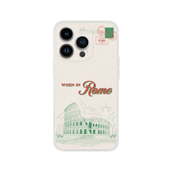 Vintage Rome postcard iPhone case for iPhone 13–16, slim matte TPU with Colosseum illustration and When in Rome text.
