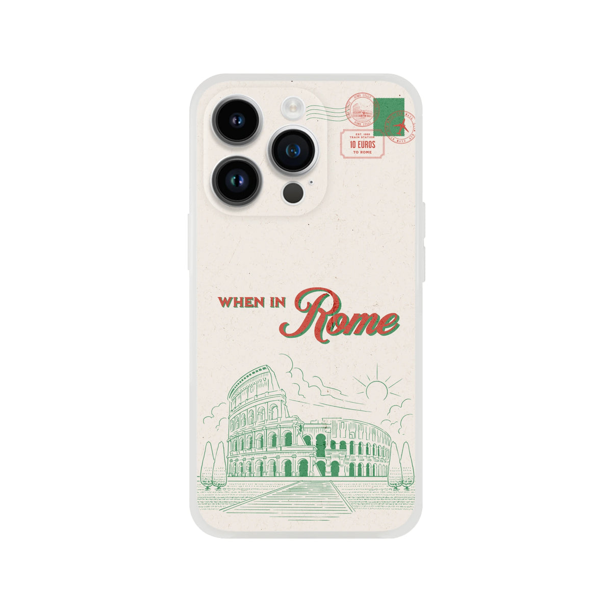 Vintage Rome postcard iPhone case for iPhone 13–16, slim matte TPU with Colosseum illustration and When in Rome text.