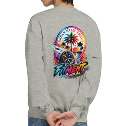Gray crewneck sweatshirt back print featuring lowered modified car, "Urban Palm Trees" graphic, and bold "FITMENT" text in vibrant retro colors.
