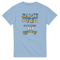 Light blue Retro Gamer men's graphic T-shirt in soft cotton blend with pixel 'GAME OVER' and 'Insert Coin' design.