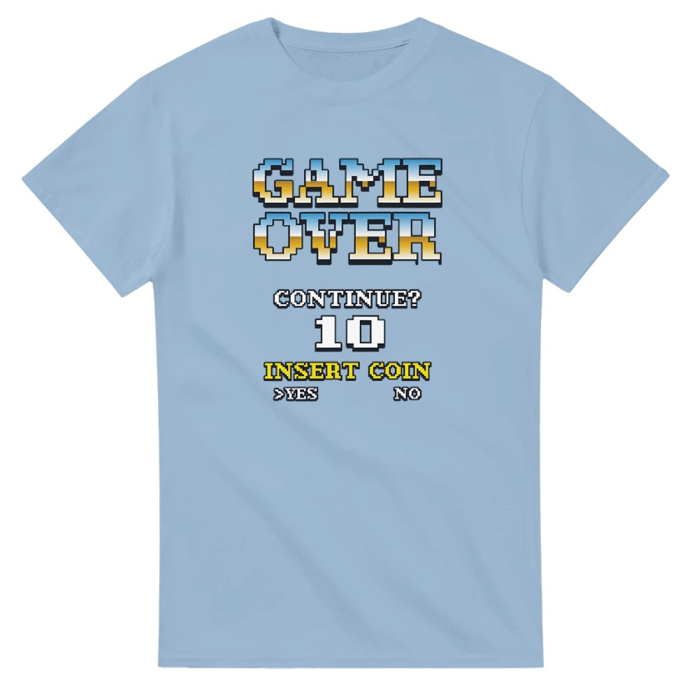 Light blue Retro Gamer men's graphic T-shirt in soft cotton blend with pixel 'GAME OVER' and 'Insert Coin' design.