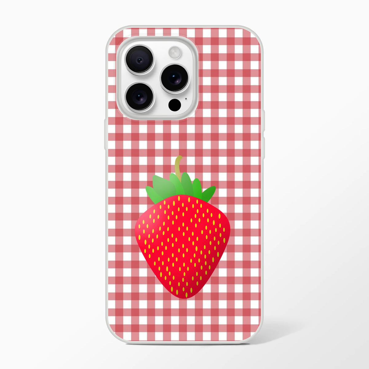 Pink strawberry gingham iPhone case for iPhone 13-16 with a slim matte finish and playful strawberry print